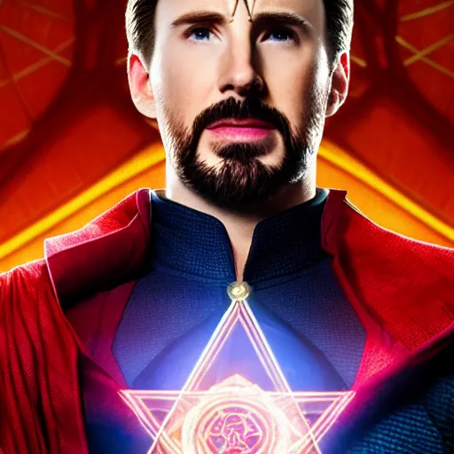 Image similar to chris evans as doctor strange, marvel cinematic universe, mcu, canon eos r 3, f / 1. 4, iso 2 0 0, 1 / 1 6 0 s, 8 k, raw, unedited, symmetrical balance, in - frame,