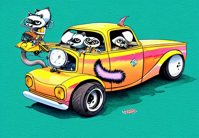 Image similar to cute and funny, racoon riding in a tiny hot rod coupe with oversized engine, ratfink style by ed roth, centered award winning watercolor pen illustration, isometric illustration by chihiro iwasaki, illustration overlay by beeple