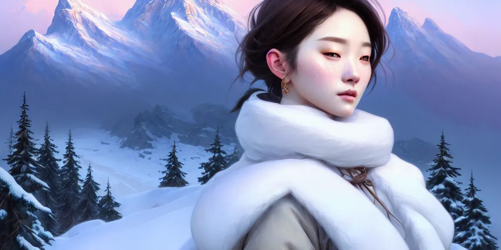 Image similar to beautiful digital painting of a hoyeon jung stylish female snow - covered mountains with high detail, real life skin, freckles, 8 k, stunning detail, works by artgerm, greg rutkowski and alphonse mucha, unreal engine 5, 4 k uhd