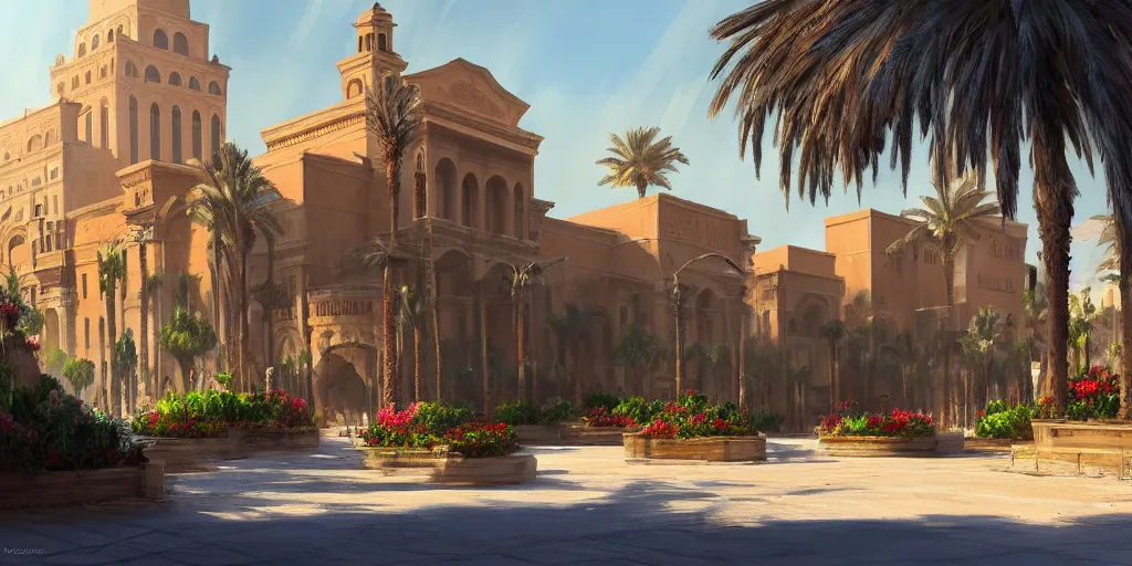 Image similar to a beautiful concept painting in the style of eddie mendoza with a landscape of the khedival opera house in talaat harb square cairo with lush landscaping, date palm trees, shrubs and flowers. eddie mendoza, trending on artstation