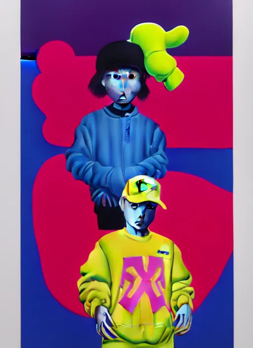 Prompt: streetwear kid by shusei nagaoka, kaws, david rudnick, airbrush on canvas, pastell colours, cell shaded, 8 k