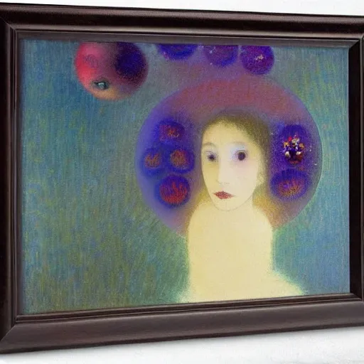 Image similar to a girl with three eyes on 5 translucent luminous spheres, full of floral and berry fillings, in an ocean of lavender color by odilon redon