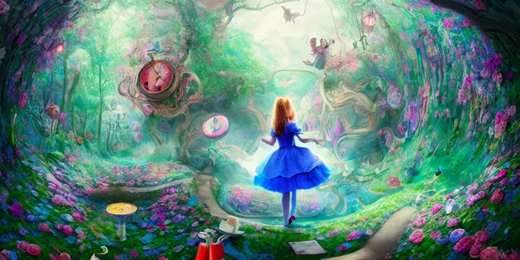 Prompt: Alice falling down the rabbit hole, alice in wonderland, colorful, wide angle, super highly detailed, professional digital painting, artstation, concept art, smooth, sharp focus, no blur, no dof, extreme illustration, Unreal Engine 5, Photorealism, HD quality, 8k resolution, cinema 4d, 3D, beautiful, cinematic, art by artgerm and greg rutkowski and alphonse mucha and loish and WLOP