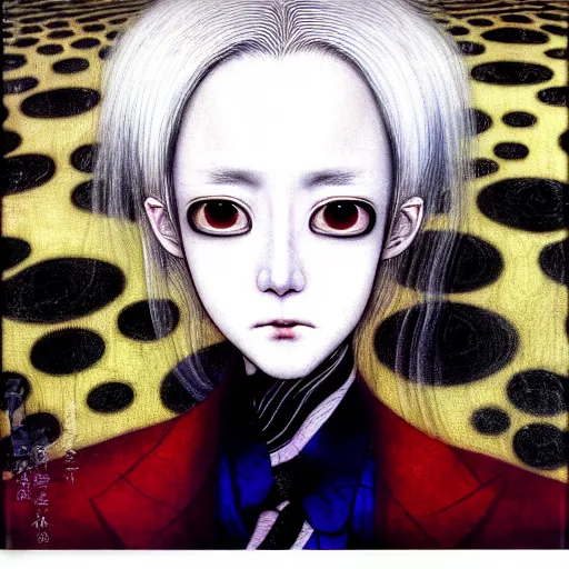 Image similar to yoshitaka amano blurred and dreamy realistic portrait of a woman with white hair and black eyes wearing dress suit with tie, junji ito abstract patterns in the background, satoshi kon anime, noisy film grain effect, highly detailed, renaissance oil painting, weird portrait angle, blurred lost edges, three quarter view