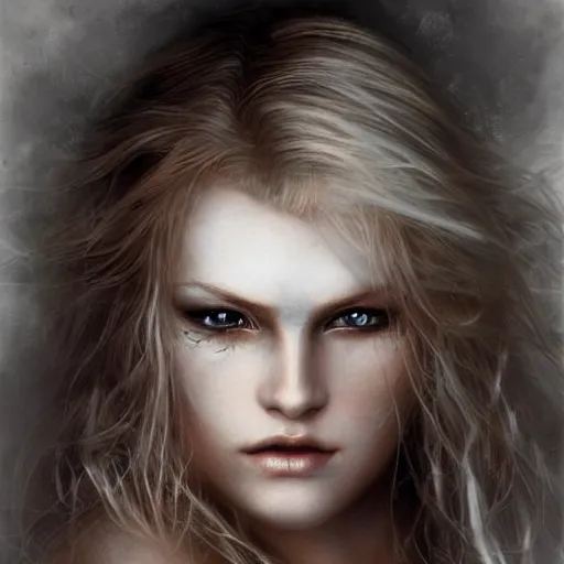 Image similar to beautiful nordic volva with blonde red wavy hair and clean eyes, soft flawless pale skin ultra - detailed face, dramatic dark lighting, hyperrealistic photo luis royo, wlop