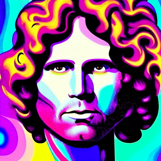 Prompt: a portrait of jim morrison by a mythical crystal temple, fractal waves, synthwave, bright neon colors, highly detailed, cinematic, eyvind earle, tim white, philippe druillet, roger dean, ernst haeckel, lisa frank, aubrey beardsley