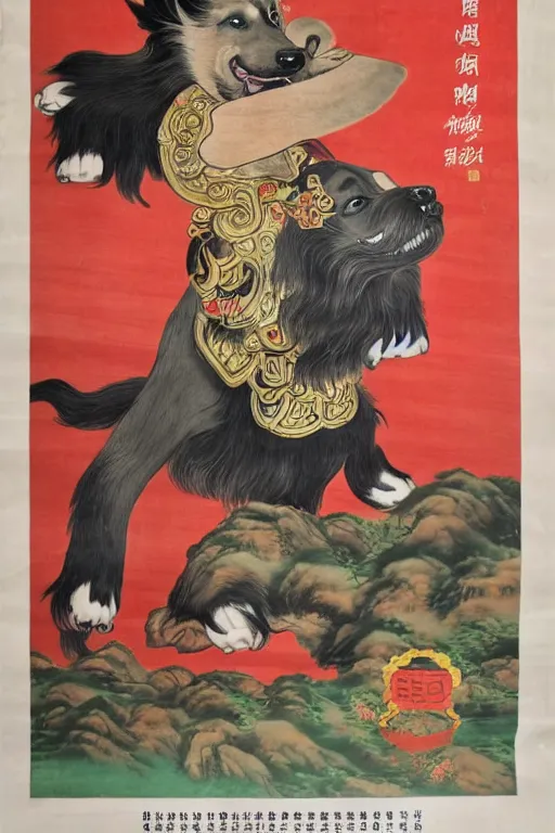 Image similar to chinese propaganda poster with dog as a god as the centerpiece, detailed face, gorgeous, amazing, flowing hair, very muscular male body