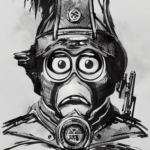 Prompt: beautiful portrait of a minion wearing a fancy naval uniform, concept art by yoji shinkawa, felt tip pen, intricate detail, sharp focus, illustration