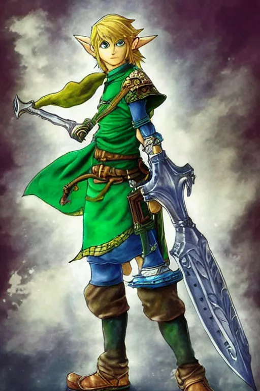 Image similar to Link from the Legend of Zelda as a Final Fantasy Character, by Yoshitaka Amano, peaceful color palette