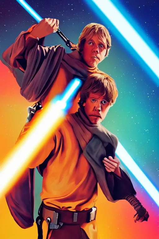 Prompt: colorful full body shot of luke skywalker carrying gizmo in his shoulders, trending on artstation, trending on deviantart ,cinematic backlighting, 8k, symmetrical, correct proportions, hyper detail, studio disney