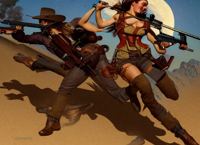 Image similar to a beautiful, dynamic illustration of an bounty hunting anthropomorphic fox - woman running and gunning with a winchester rifle, wild west theme, motion blur, action illustration by stanley artgerm, greg rutkowski, alphonse mucha, norman rockwell, 8 k,