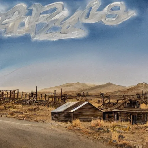 Prompt: dystopian rustic western ghost town, deserted dirt streets, tumbleweeds, weathered wood buildings, mountain range in background, painting