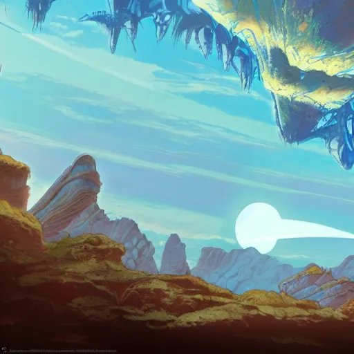 Image similar to concept art painting of prehistoric alien planet life, detailed, cel shaded, in the style of makoto shinkai and moebius and james gurney