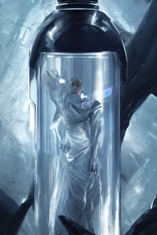 Prompt: concept art of a rolex - star wars white iridescent liquid dietary supplement in a transparent bottle with big black sticker on it by aenaluck, artgerm and roberto ferri and greg rutkowski, blue and white tones, digital painting, artstation, concept art, smooth, sharp foccus ilustration hq