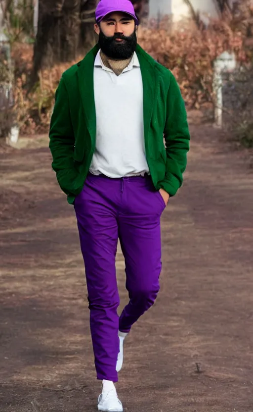 Prompt: a young man with a chin - style brown beard without mustache in a black hat, green jacket, purple pants and white sneakers in full height, perfect face