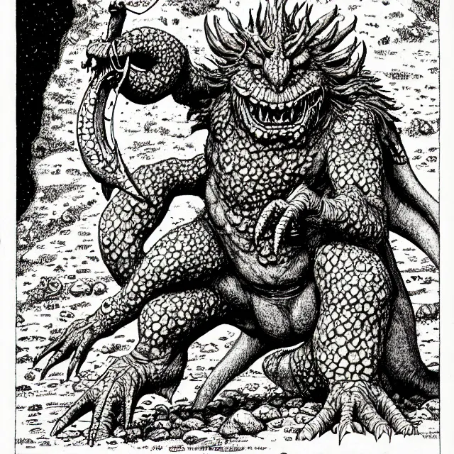 Image similar to オクタロック spitting rocks, as a d & d monster, pen - and - ink illustration, etching, by russ nicholson, david a trampier, larry elmore, 1 9 8 1, hq scan, intricate details, high contrast