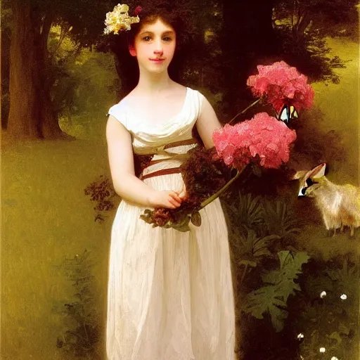 Image similar to An anthropomorphic fox girl with flowers in a dress, by Thomas Cole, William-Adolph Bouguereau, and John Singer Sargent, fox girl holding flowers