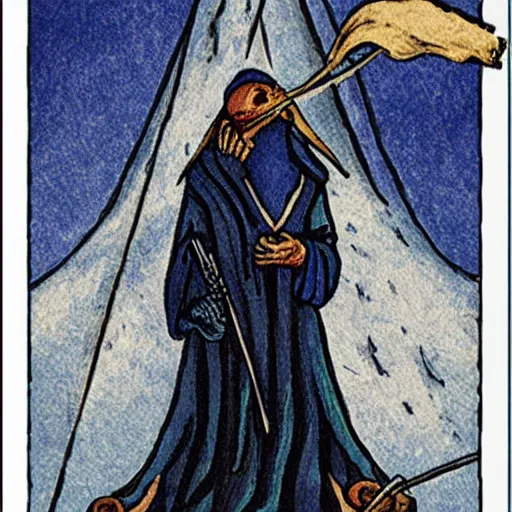 Prompt: the hanged man tarot card dark blue black