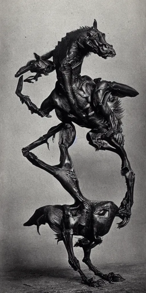 Prompt: [ [ t rex ] ] and a horse with legs, movement, [ metal ], black and white photograph, 1 8 5 0 s