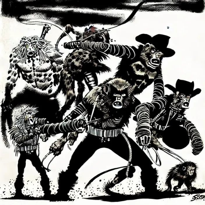 Prompt: sergio toppi art style, futuristic cowboys fighting apes