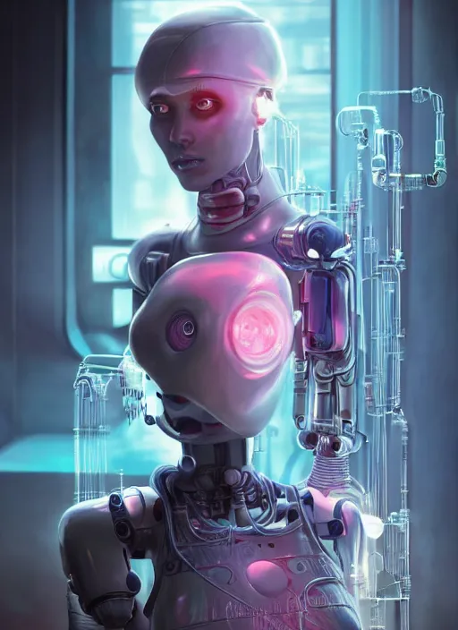 Image similar to cyberpunk,sci-fi, fantasy,Kodak Portra 400, 8K, soft light, volumetric lighting, highly detailed, britt marling style 3/4 ,portrait photo of a beautiful cyborg robot woman in a chemical laboratory + face, intricate, elegant, highly detailed, digital painting, artstation, concept art, smooth, sharp focus, illustration,art by artgerm and greg rutkowski and alphonse mucha