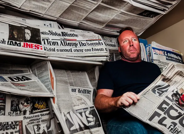 Image similar to dslr photo still of!!! alex jones!!! sitting depressed in a room filled to the ceiling with newspapers, 5 2 mm f 5. 6