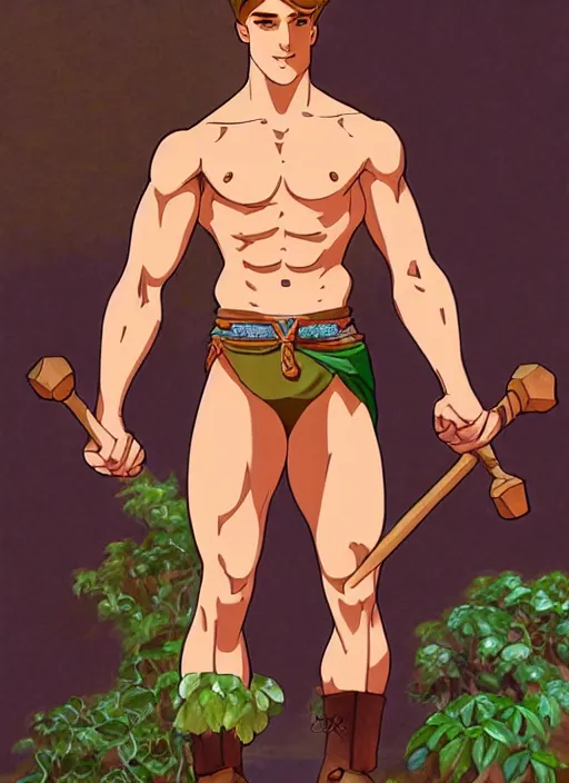 Prompt: cute muscular jack laugher wearing barbarian tunic, natural lighting, path traced, highly detailed, high quality, digital painting, by don bluth and ross tran and studio ghibli and alphonse mucha, artgerm