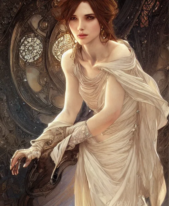 Image similar to portrait of a fantasy woman, half body, d & d, fantasy, intricate, elegant, highly detailed, digital painting, artstation, concept art, art by artgerm and greg rutkowski and alphonse mucha, luis royo