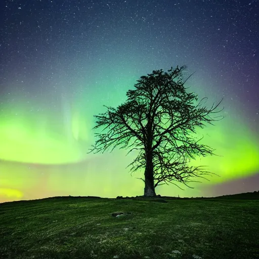 Image similar to beautiful lone tree in the distance on a hill, moonlight, aurora borealis, milky way, landscape photography, hyper-realistic