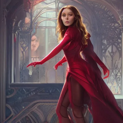 Image similar to ultra realistic illustration, elizabeth olsen as scarlet witch, intricate, elegant, highly detailed, digital painting, artstation, concept art, smooth, sharp focus, illustration, art by artgerm and greg rutkowski and alphonse mucha