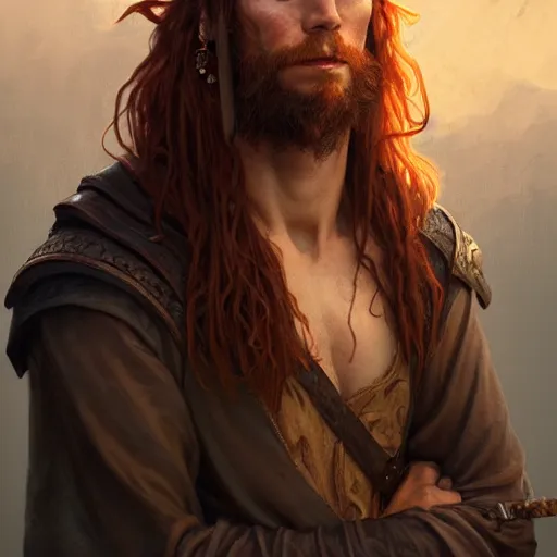 Image similar to portrait of a young rugged pirate, male, masculine, upper body, red hair, long hair, soft hair, D&D, fantasy, intricate, elegant, highly detailed, digital painting, artstation, concept art, matte, sharp focus, illustration, art by Artgerm and Greg Rutkowski and Alphonse Mucha