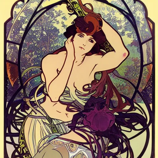 Prompt: Artemis resting after a hunt, by Kyoto Animation and Alphonse Mucha