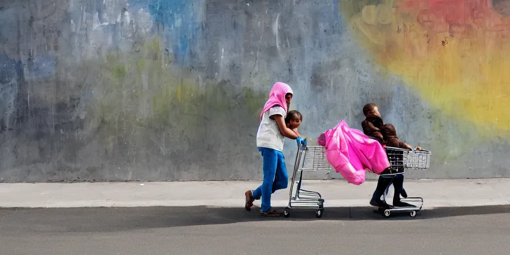 Image similar to homeless mother pushing a shopping cart with a child riding in it, in front of a blank wall