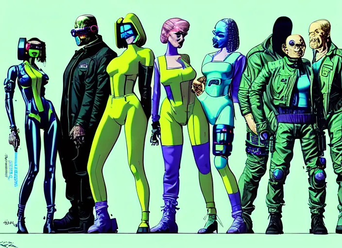 Image similar to cyberpunk hazmat nuclear containment squad. portrait by stonehouse and mœbius and will eisner and gil elvgren and pixar. character design. realistic proportions. cyberpunk 2 0 7 7 character art, blade runner 2 0 4 9 concept art. cel shading. attractive face. thick lines. the team. diverse characters. artstationhq.