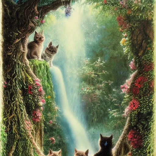 Prompt: two kittens in the enchanted forest stand on the steps and watch the waterfall, fantasy, intricate, extremely detailed, matte, featured in artstation, art by louis wain, greg rutkowski