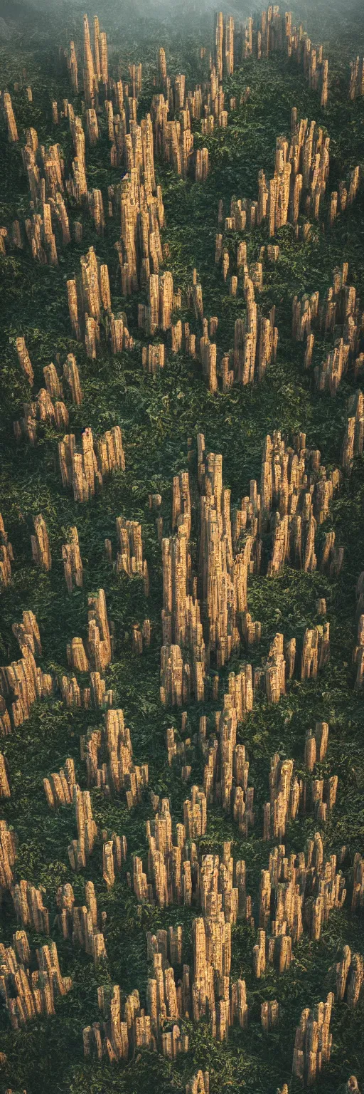Image similar to photo of vertical golden tower, stacked ancient village, arid mountains and lush palm forest, photo realism, sharp focus, octane
