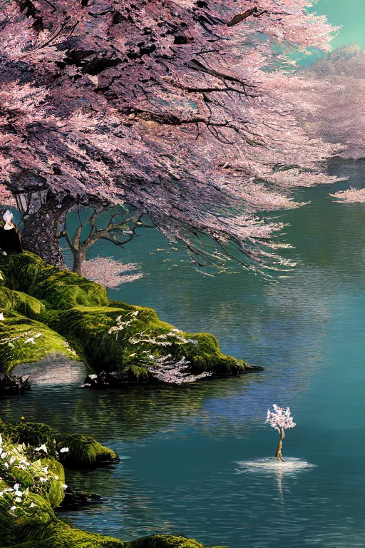 Prompt: a portrait of the emerald herald near a sparkling lake with cherry blossom trees, hidari, color page, tankoban, 4K, tone mapping, Akihiko Yoshida