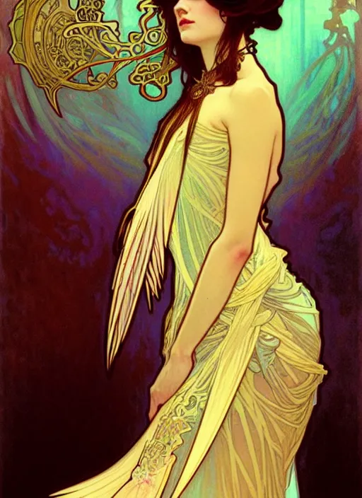 Prompt: alphonse mucha, ombre velvet gown, brom, feathers, lovely languid princess, portrait, long hair, tiara, jeweled choker, by greg rutkowski, anato finnstark, global illumination, radiant light