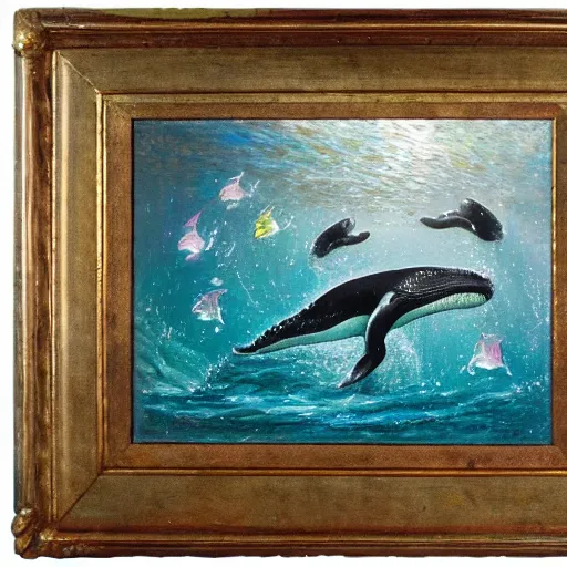 Image similar to whales underwater with scattered rubies, emeralds and topaz, oil painting