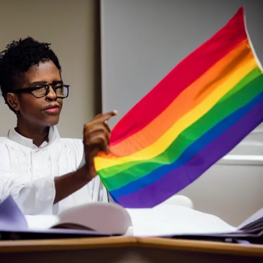 Image similar to “a photo of an LGBTQ activist judge at work”