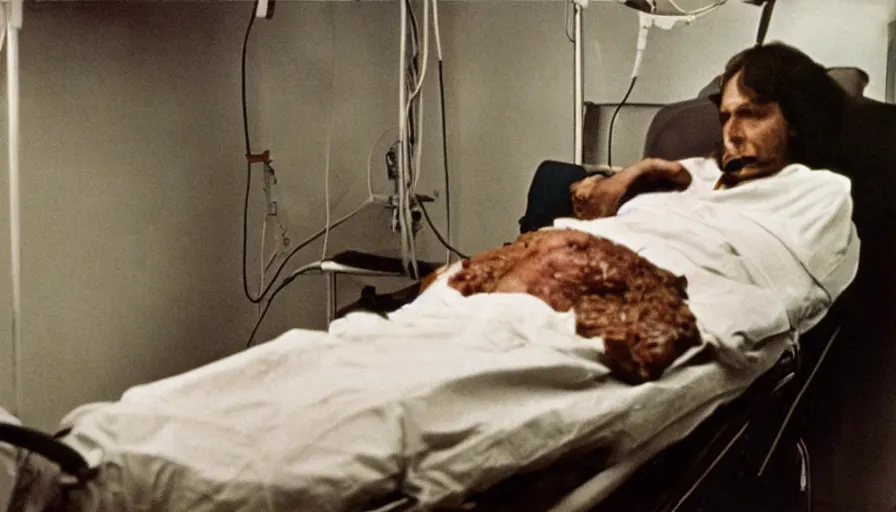 Prompt: 70s movie still of a ill skinny meat man in hospital, eastmancolor, heavy grain, high quality, higly detailed, liminal space