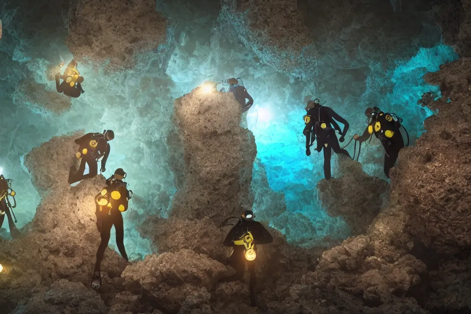 Image similar to divers with headtorch exploring a mystical crystal cave, realistic, octane render