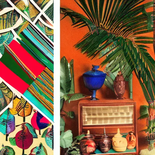 Image similar to An offset photography of a composition of five object on display, colors, (anthropology of wonder), ((((exotic artifacts)))), bauhause, tropicalism, (colonial expedition), three colors, exhibition print, 60s style