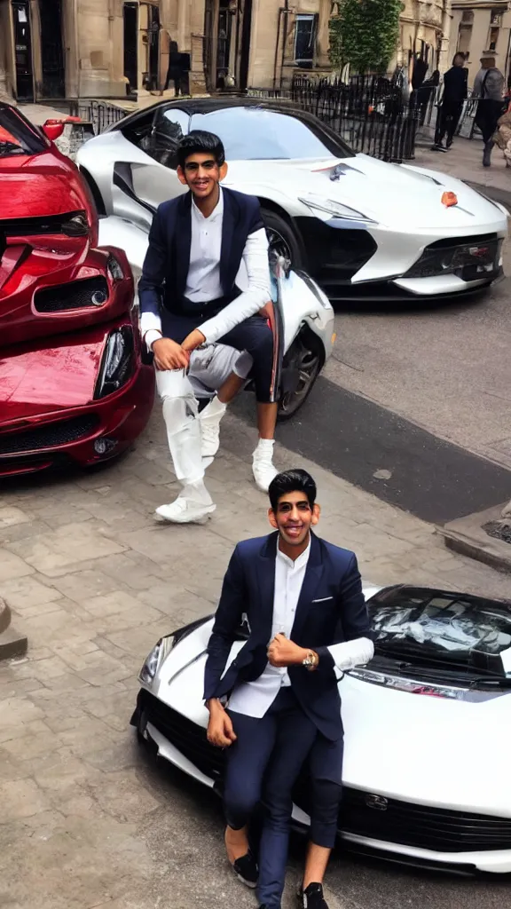 Prompt: rishi sunak completely blinged out, next to a sports car in mayfair