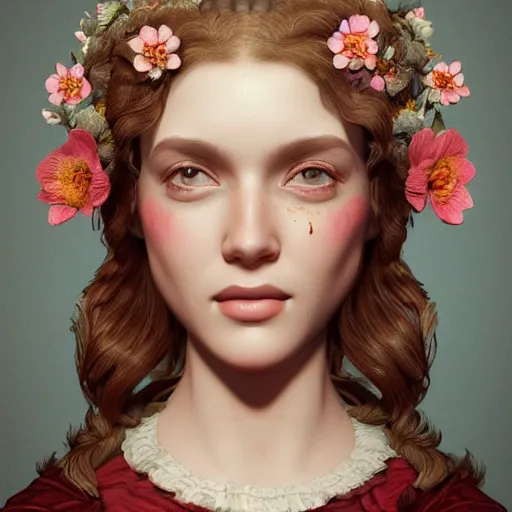 Image similar to princess portrait, adorned with flowers, dewy eyed, glossy features, symmeyric features, red wavy hair, fine art painting, renaissance style, fabric inspired details, hd, 3 d, octane render, 8 k