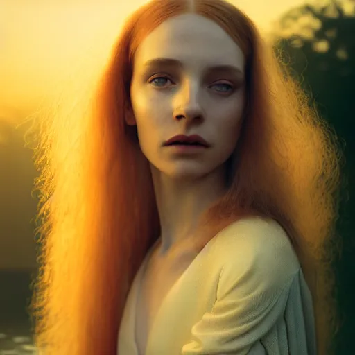 Image similar to photographic portrait of a stunningly beautiful english renaissance female in soft dreamy light at sunset, beside the river, soft focus, contemporary fashion shoot, in a denis villeneuve and tim burton movie, by edward robert hughes, annie leibovitz and steve mccurry, david lazar, jimmy nelsson, extremely detailed, breathtaking, hyperrealistic, perfect face, octane render