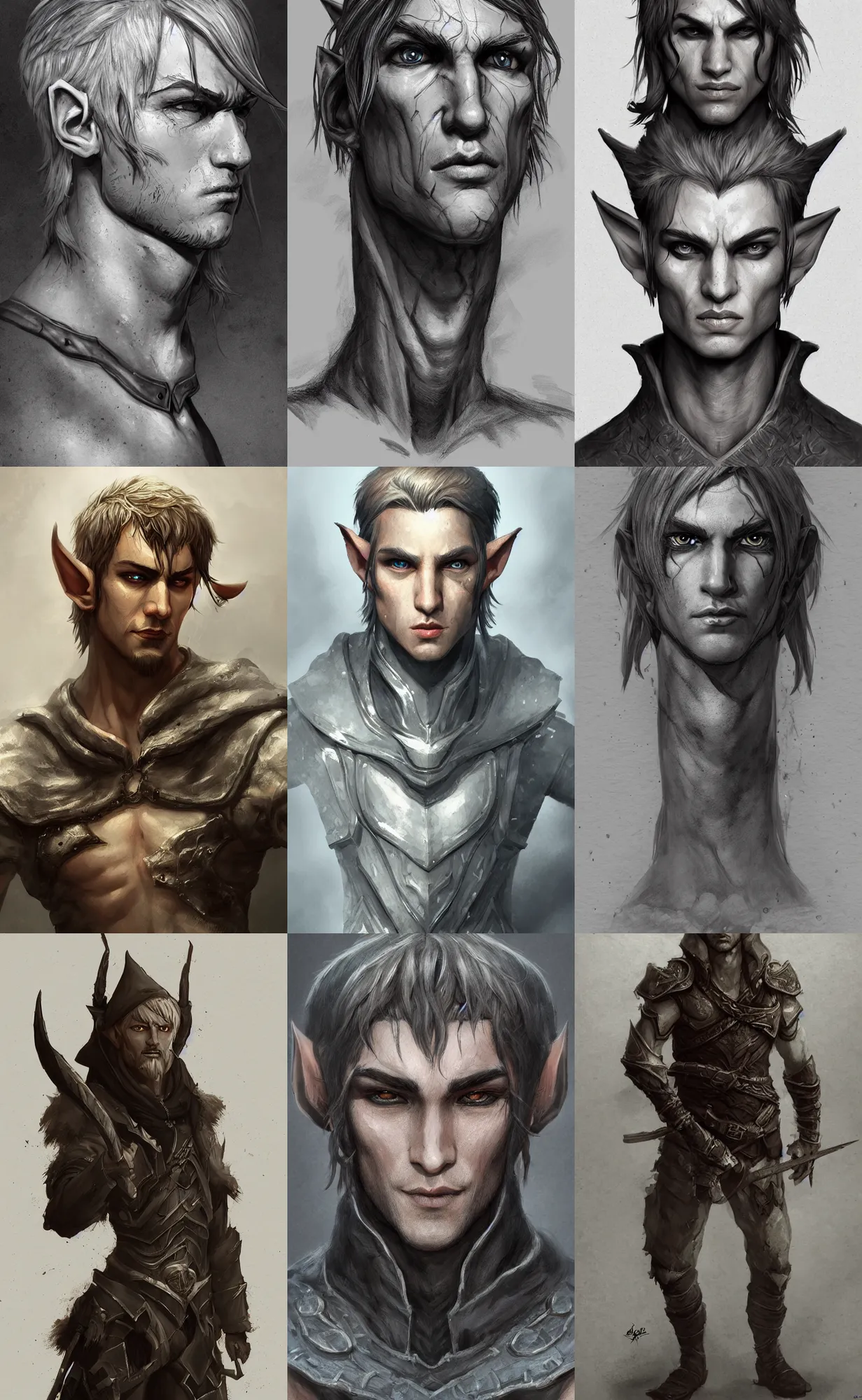 Prompt: A full body illustration of a male elf, attractive, command presence, royalty, weathered face, gritty, hard shadows, smooth, illustration, concept art, highly detailed, ArtStation, ArtStation HQ