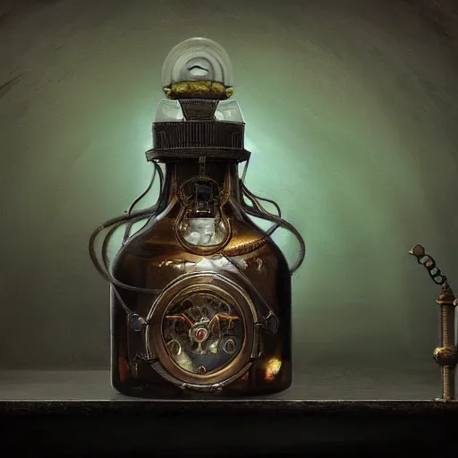 Prompt: a painting of a steampunk dark marine colored potion bottle in a dark dusty vintage science lab, by h. r. giger, hyperrealistic fantasy art, concept matte, ethereal, dreamy, digital art, trending on artstation, volumetric cinematic lighting