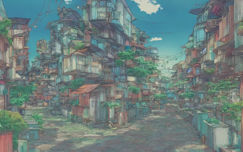 Image similar to a japanese city near the sea, lofi, dreamy, moody, very colorful, anime inspiration, ghibli vibe