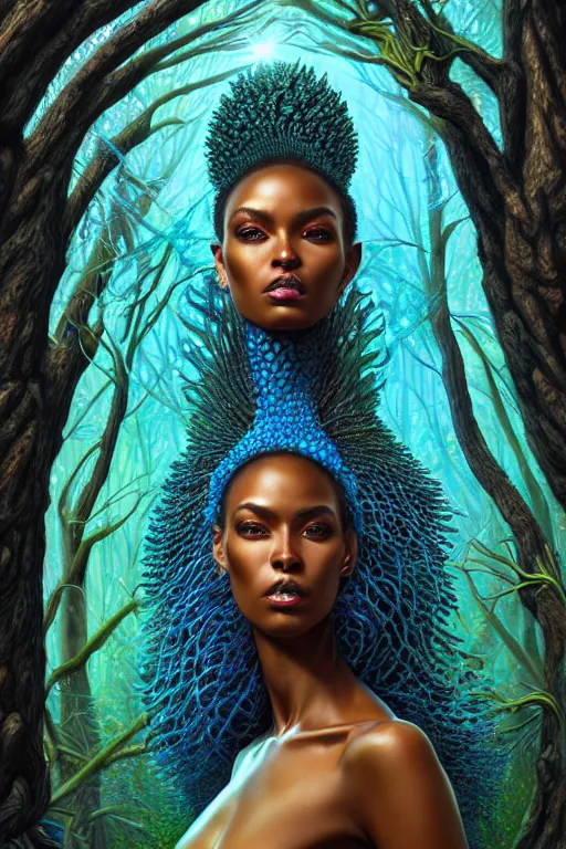 Image similar to hyperrealistic post - lowbrow super gorgeous! black woman with exoskeleton armor, merging with tree in a forest, highly detailed digital art masterpiece smooth cam de leon hannah yata dramatic pearlescent blue teal light ground angle hd 8 k sharp focus